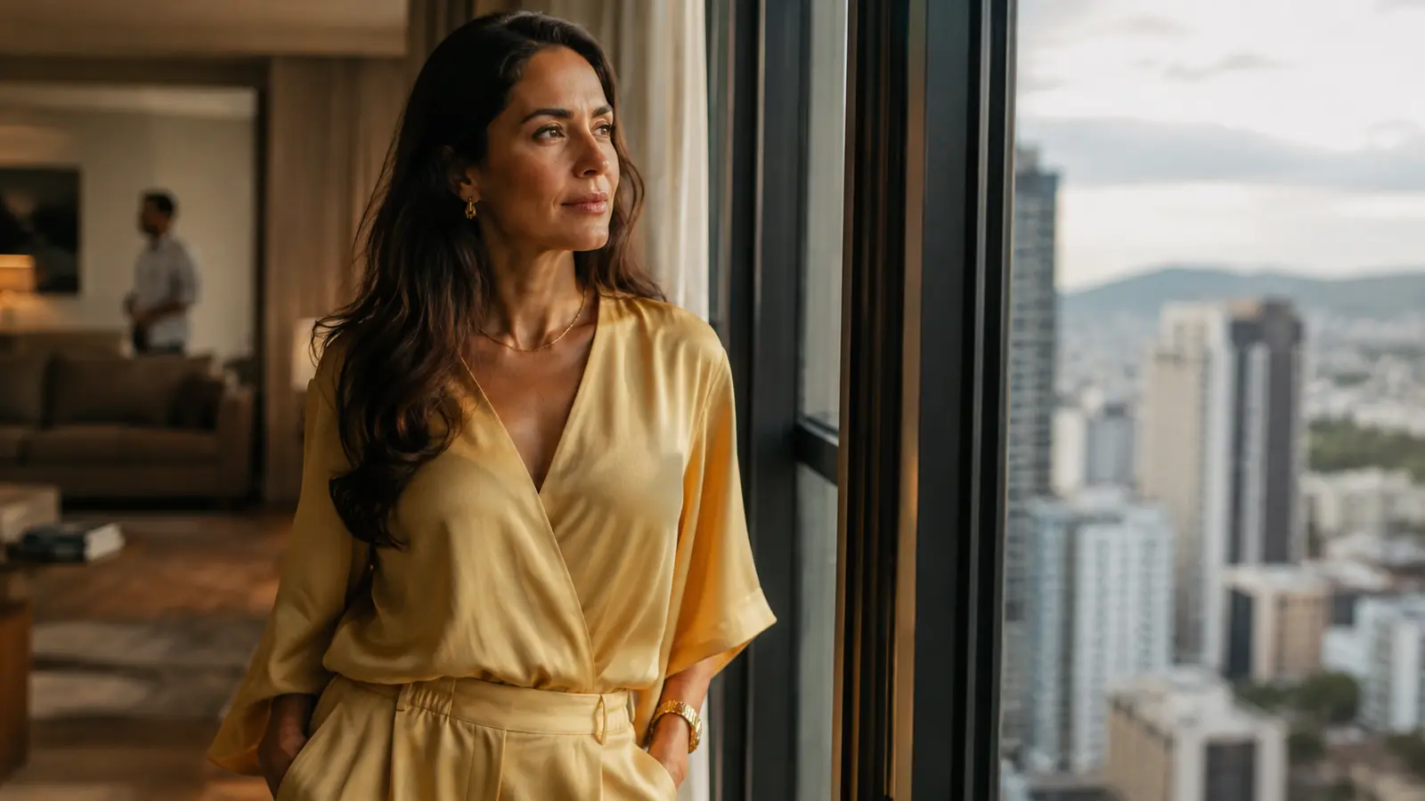 Mulher de roupa dourado suave olhando pela janela de maneira reflexiva em ambiente elegante